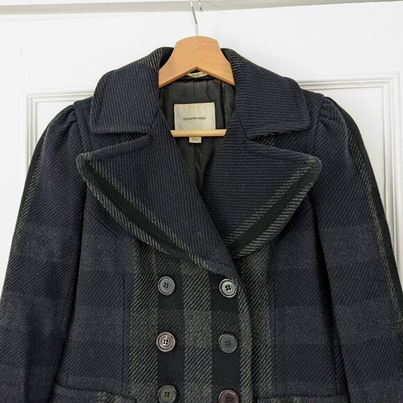 $485 COUNTRY ROAD Australia Wool Plaid Pea Coat - Picture 2 of 5